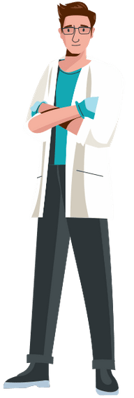Cartoon male dentist in white coat and blue scrubs standing with arms crossed, smiling confidently.
